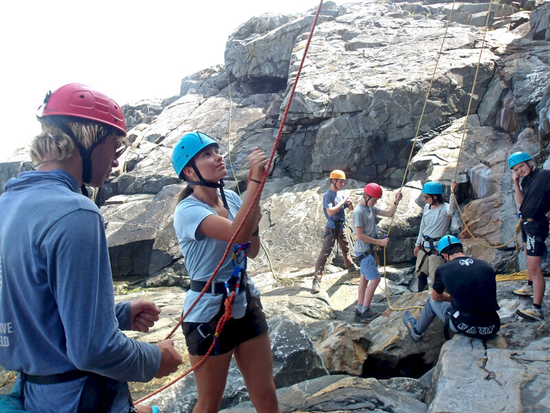 A group of people are rock climbing on a sunny day. They are wearing helmets and harnesses, and some of them are holding ropes. The rock face is steep and rugged, and there are some trees and bushes growing on top of it. The sky is blue and there are a few clouds in the distance.
